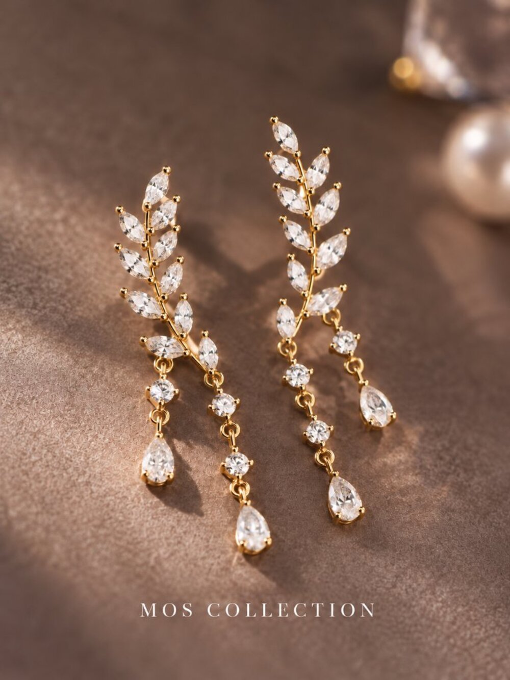 18k Gold CZ Leaf Vine Drop Earrings MOS COLLECTION